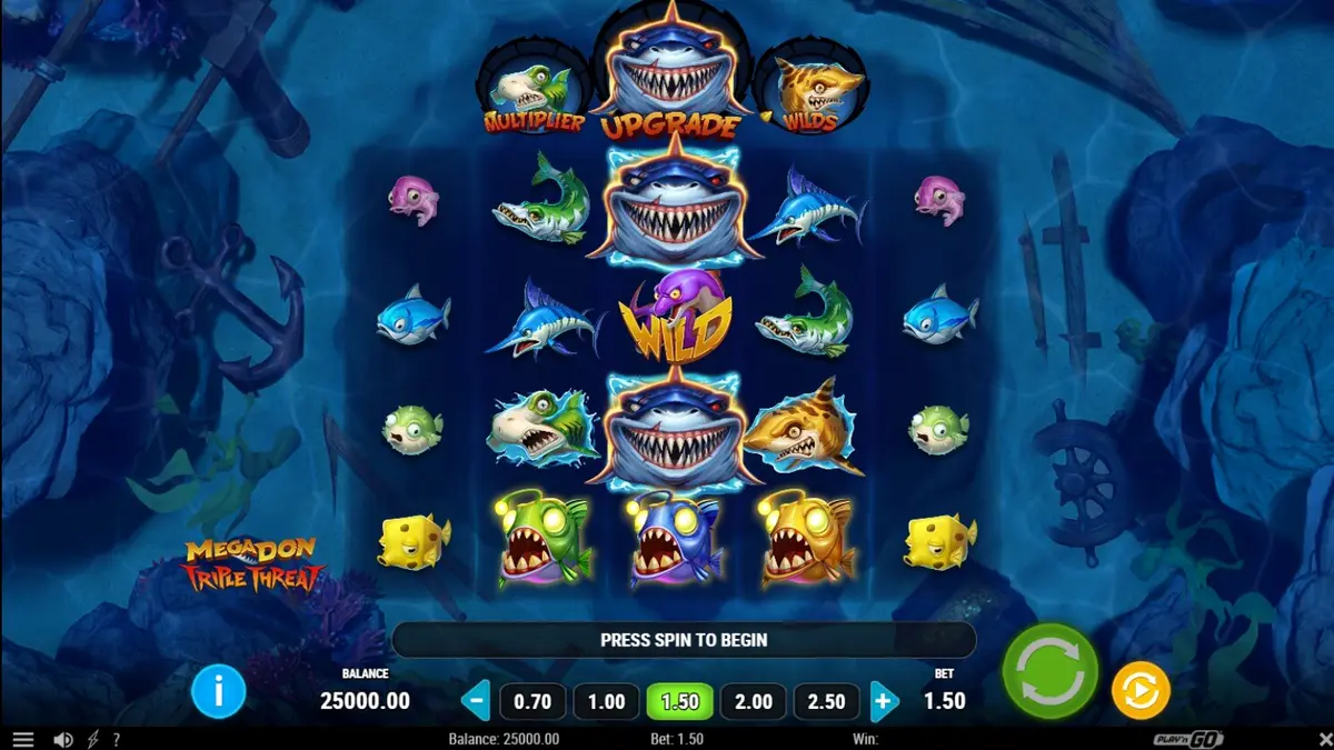 Interface do jogo Megadon Triple Threat com tubarões e elementos subaquáticos