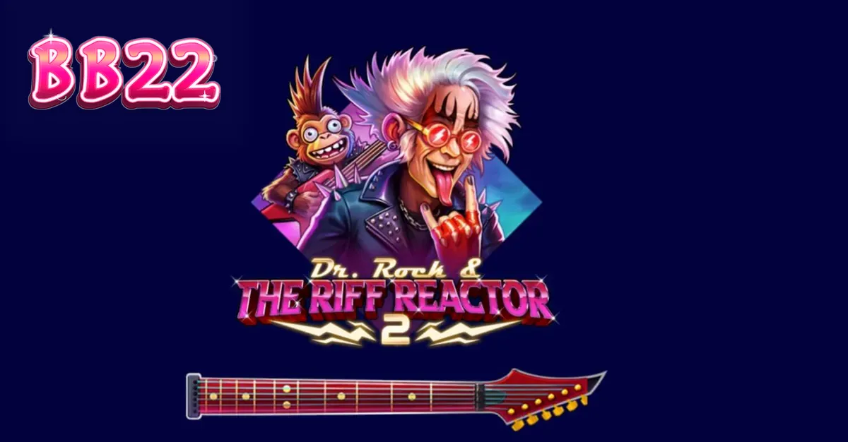 Cientista roqueiro e macaco em um palco de neon no slot Dr. Rock & the Riff Reactor 2